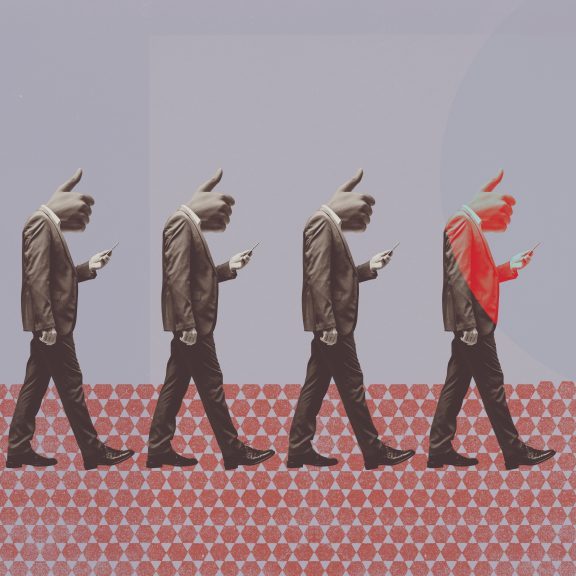 Distracted conformist people with thumbs up in place of their head, they are staring at smartphone screen and walking in line: social media addiction concept, vintage collage design