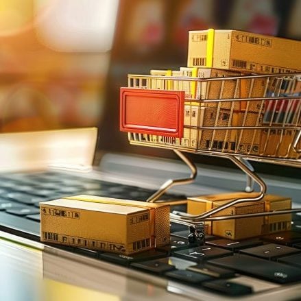 Online shopping e-commerce and customer experience concept: cashiers with shopping cart on a laptop keyboard, depict shopper consumers buy or purchase goods and services at home or office Online shopping e-commerce and customer experience concept: cashiers with shopping cart on a laptop keyboard, depict shopper consumers buy or purchase goods and services at home or office